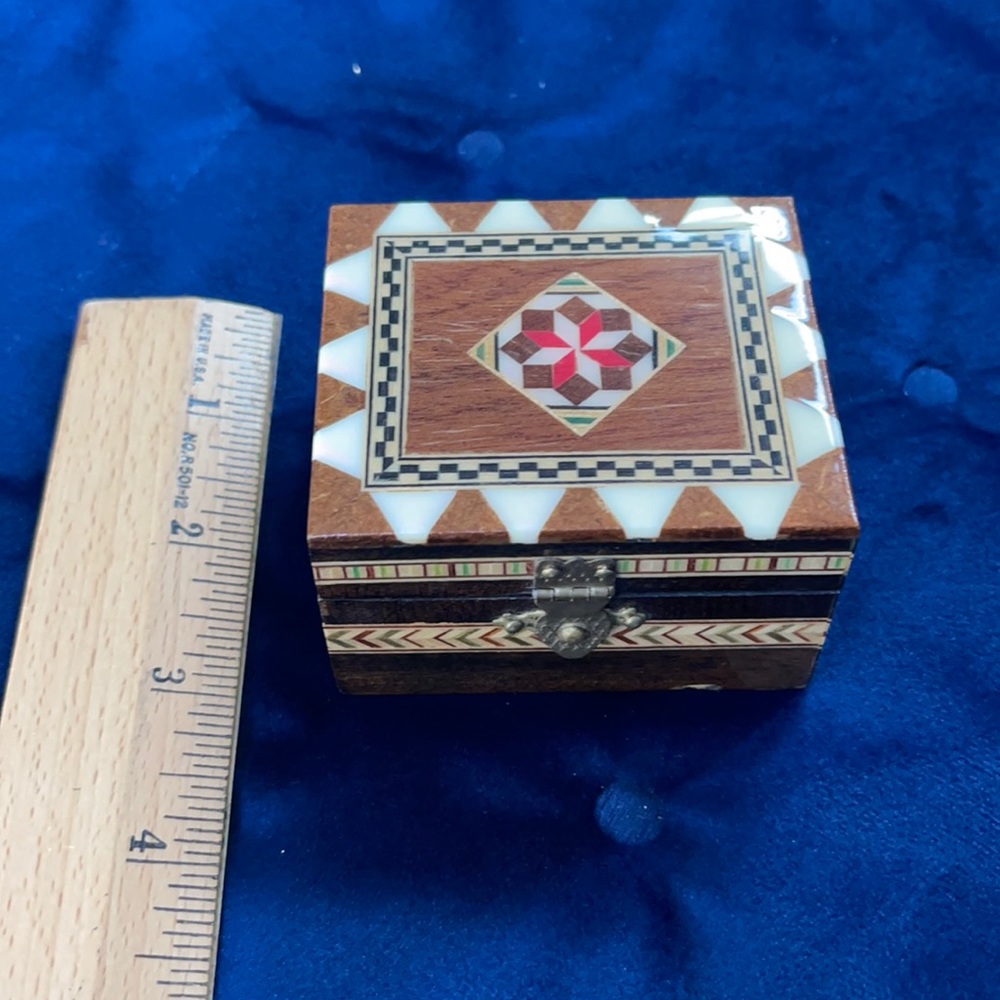 Vintage,wood, inlaid, small  hinged trinet box made in Spain.